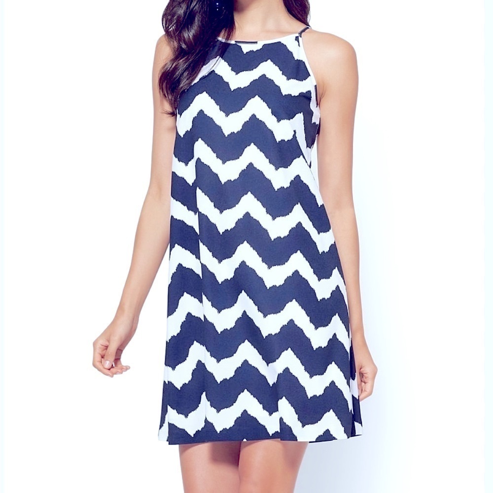 New York & Company halter dress in navy blue and white print